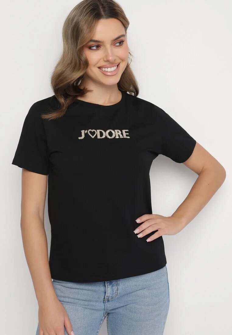 defox Tricou Negru de Bumbac Decorat cu Inscripția Nalaviraen