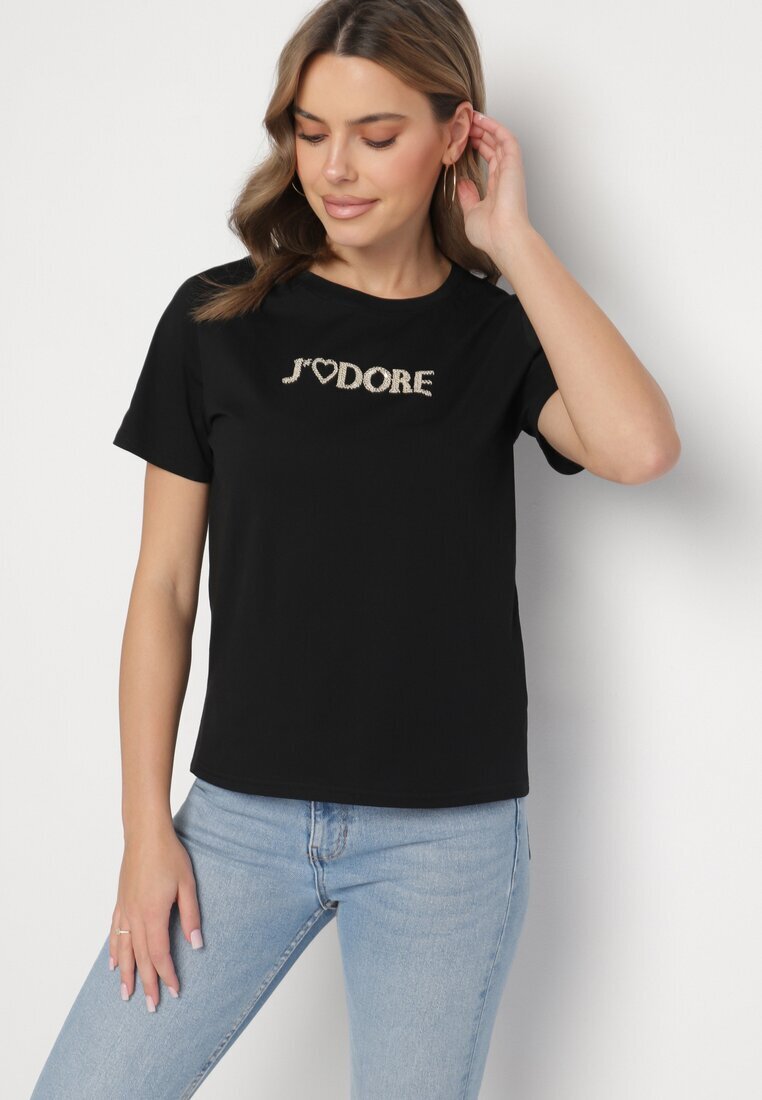 defox Tricou Negru de Bumbac Decorat cu Inscripția Nalaviraen