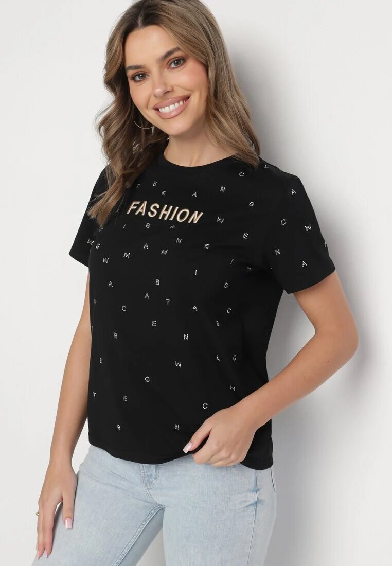 defox Tricou negru din Bumbac cu Strassuri și cu Imprimeu Nalanielle