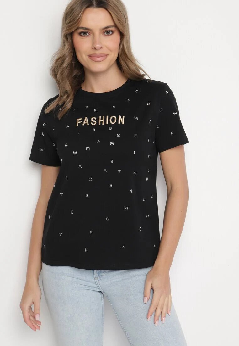 defox Tricou negru din Bumbac cu Strassuri și cu Imprimeu Nalanielle