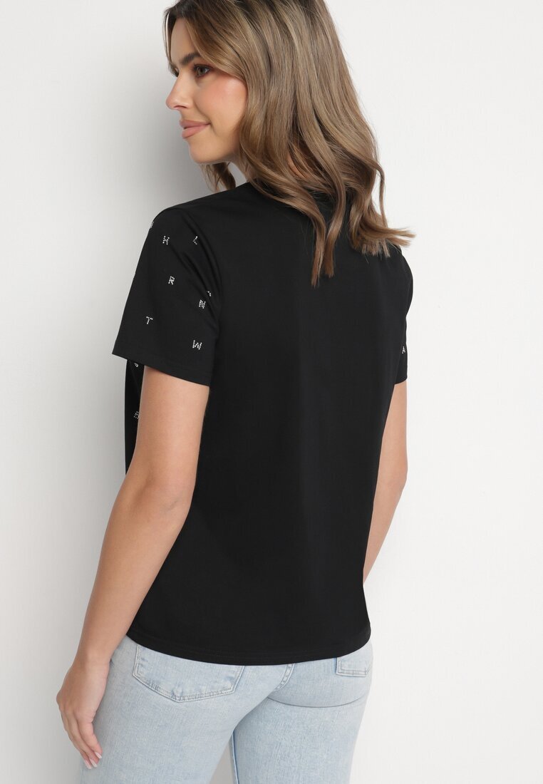 defox Tricou negru din Bumbac cu Strassuri și cu Imprimeu Nalanielle