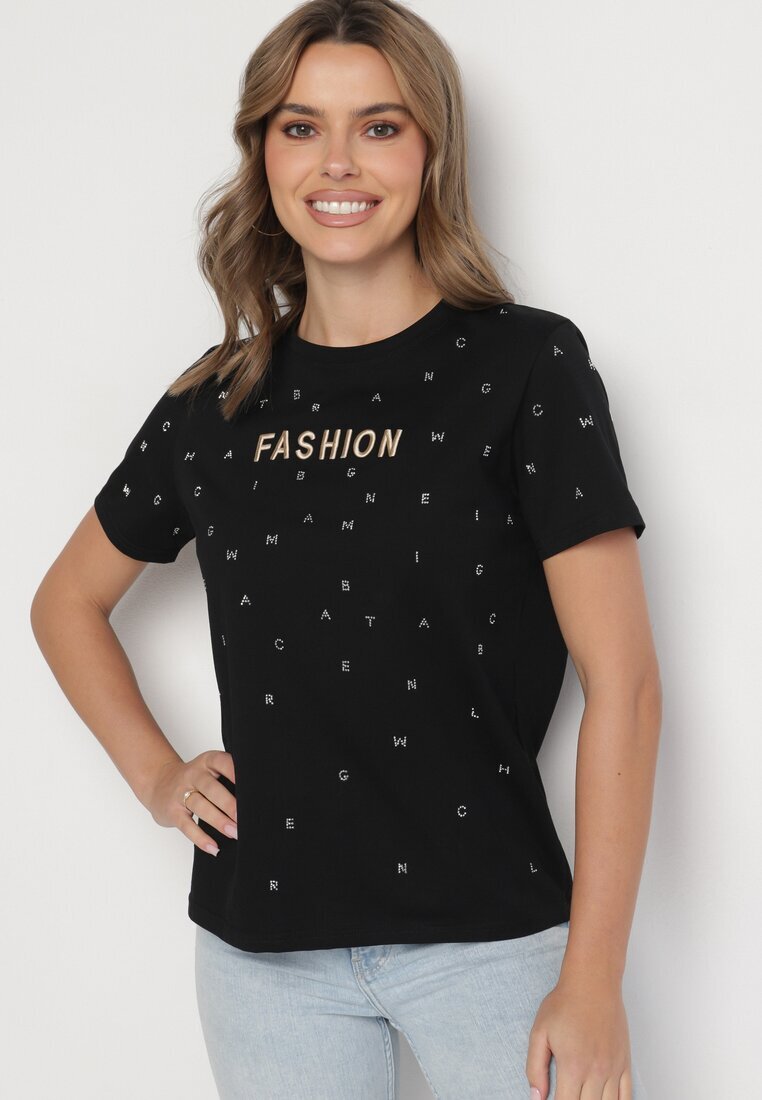 defox Tricou negru din Bumbac cu Strassuri și cu Imprimeu Nalanielle