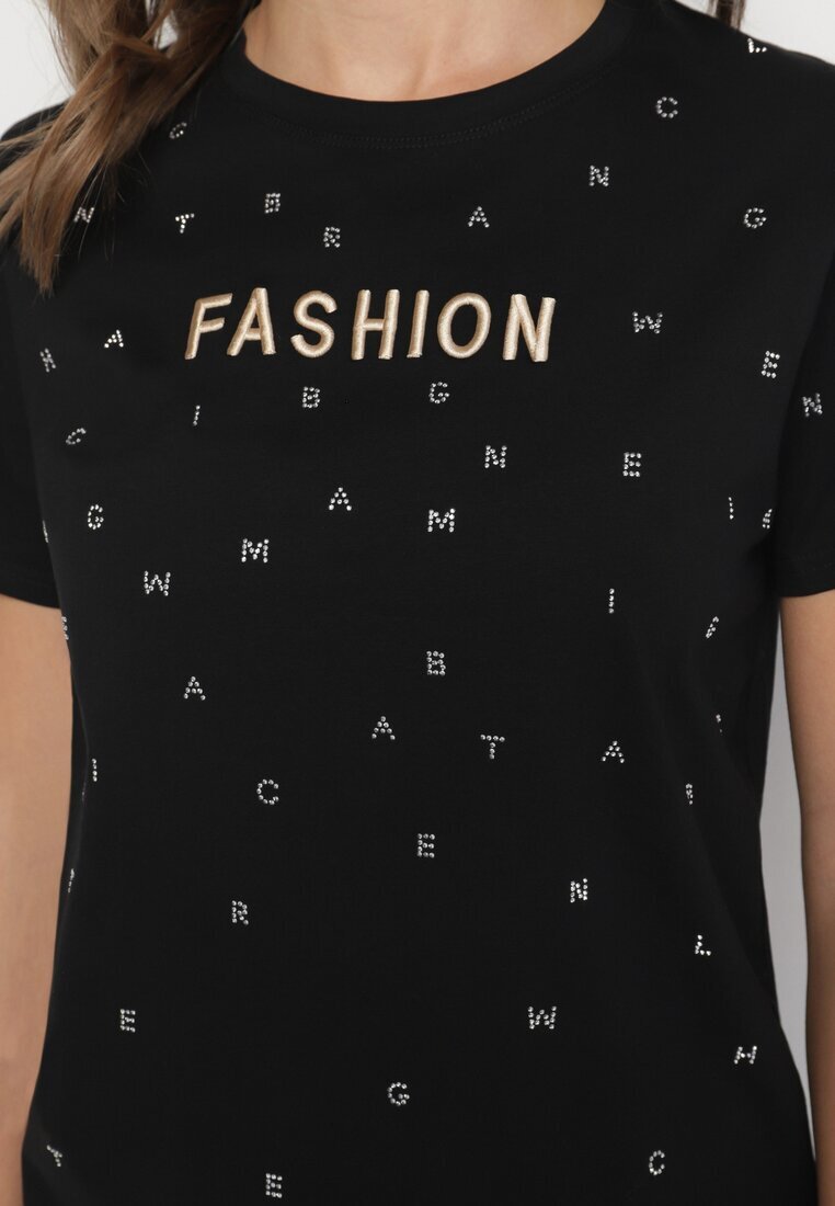defox Tricou negru din Bumbac cu Strassuri și cu Imprimeu Nalanielle