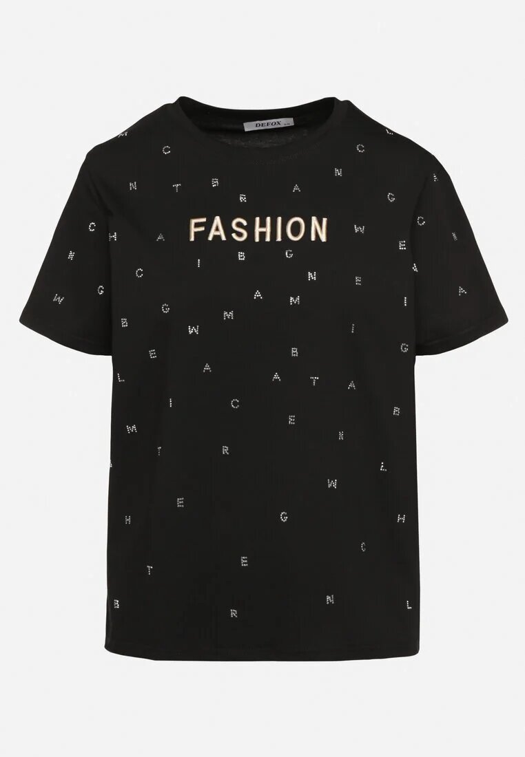 defox Tricou negru din Bumbac cu Strassuri și cu Imprimeu Nalanielle