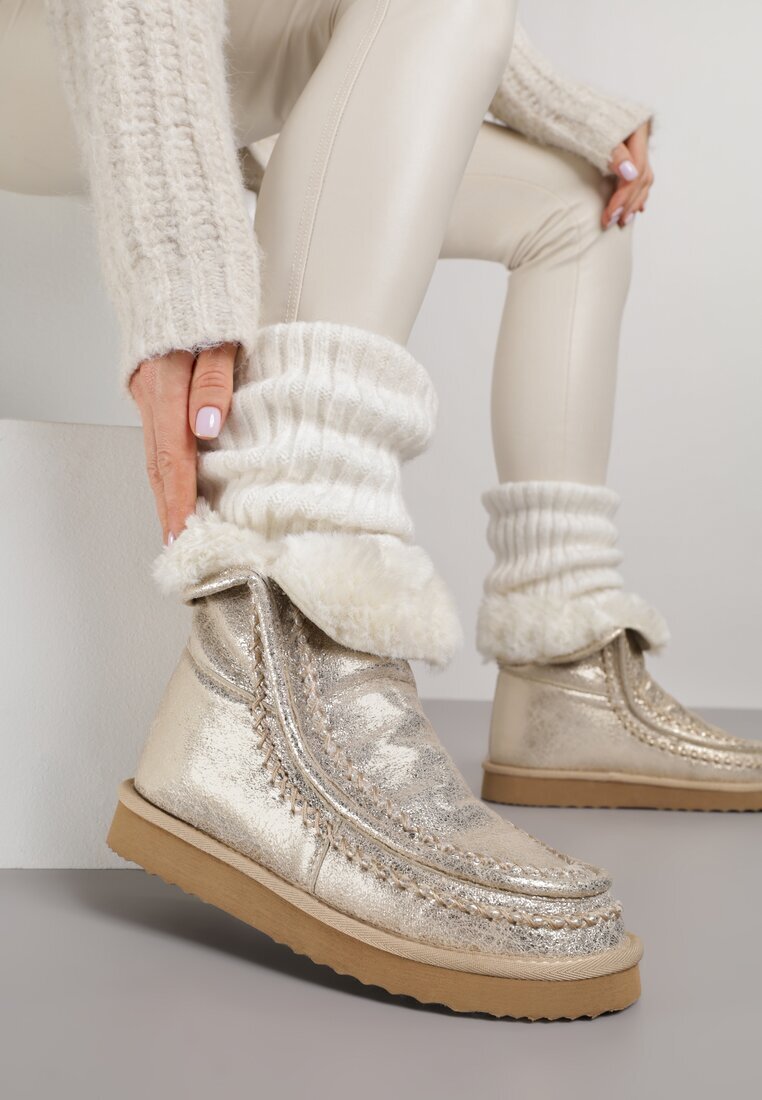 diamantique Ghete de zăpadă aurii slip-on cu blană și luciu metalic Vetirena