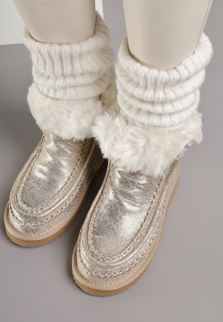 diamantique Ghete de zăpadă aurii slip-on cu blană și luciu metalic Vetirena