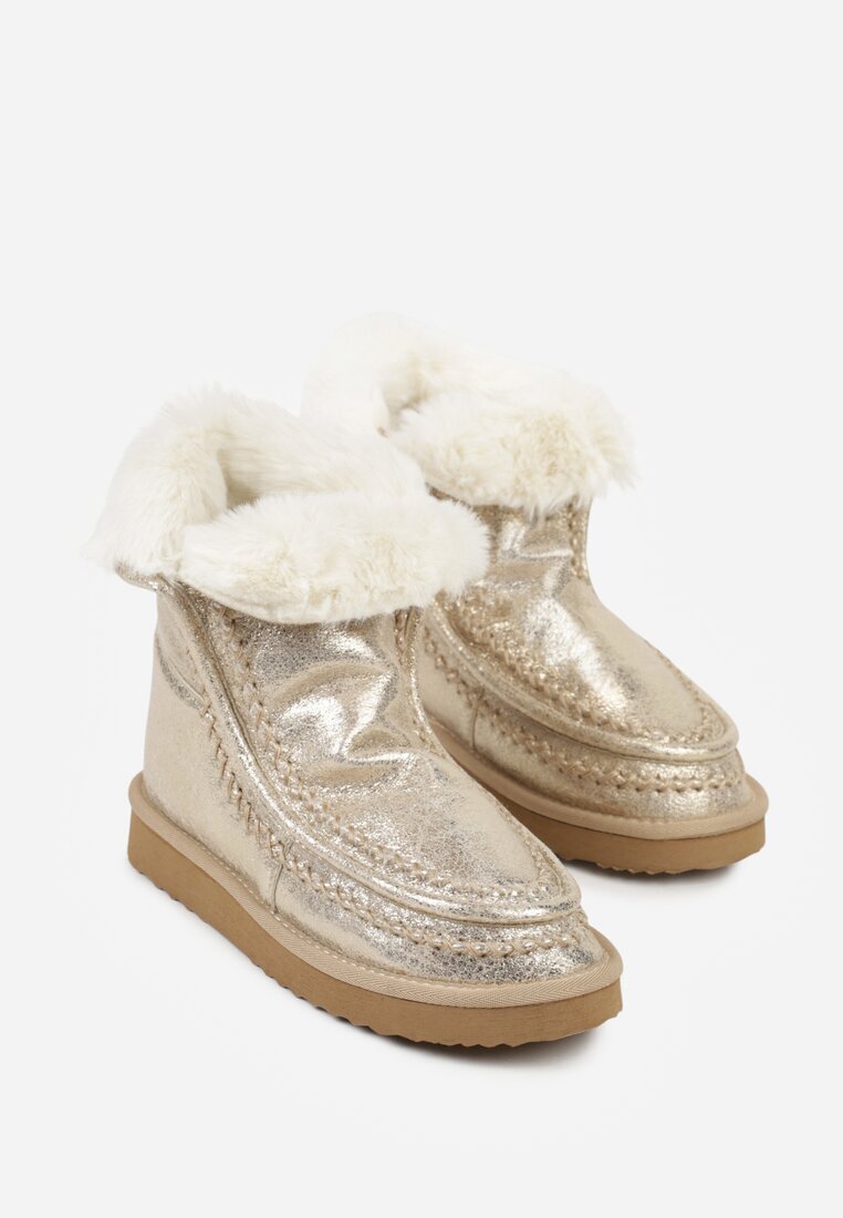 diamantique Ghete de zăpadă aurii slip-on cu blană și luciu metalic Vetirena