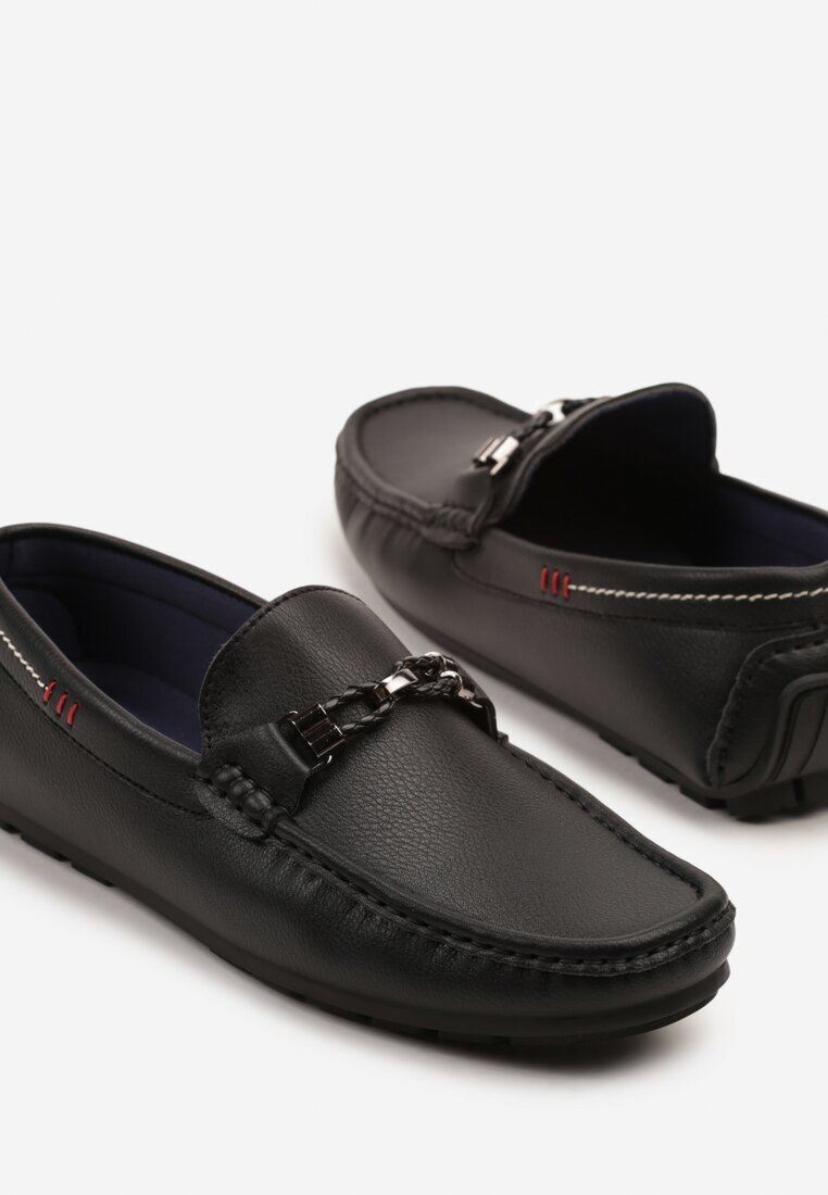 elong Pantofi Mocasini Negre cu Cusături Decorative și Aplicație Wismea