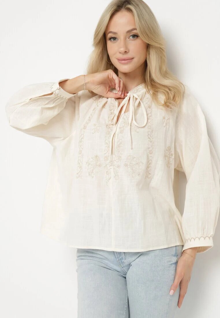elsa.m by may Bluză Bej din Bumbac Ornată cu Legătură și Broderii Selvivia