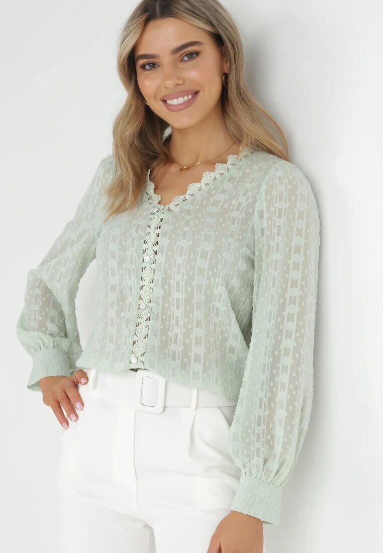 elsa.m by may Bluză mint cu fir metalic și inserție dantelă Cinoute