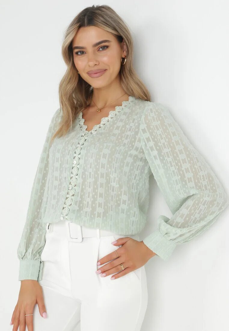 elsa.m by may Bluză mint cu fir metalic și inserție dantelă Cinoute