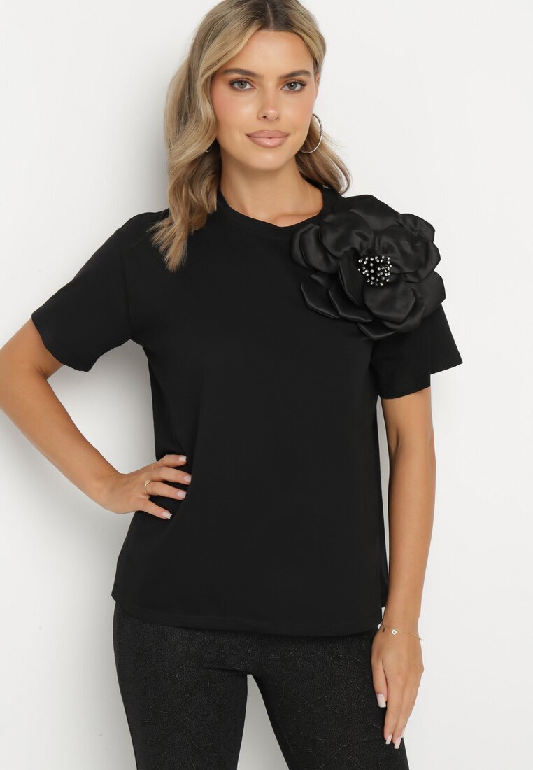 elsa.m by may Bluză Neagră de Bumbac cu Aplicație Florală și Zirconii Quavia