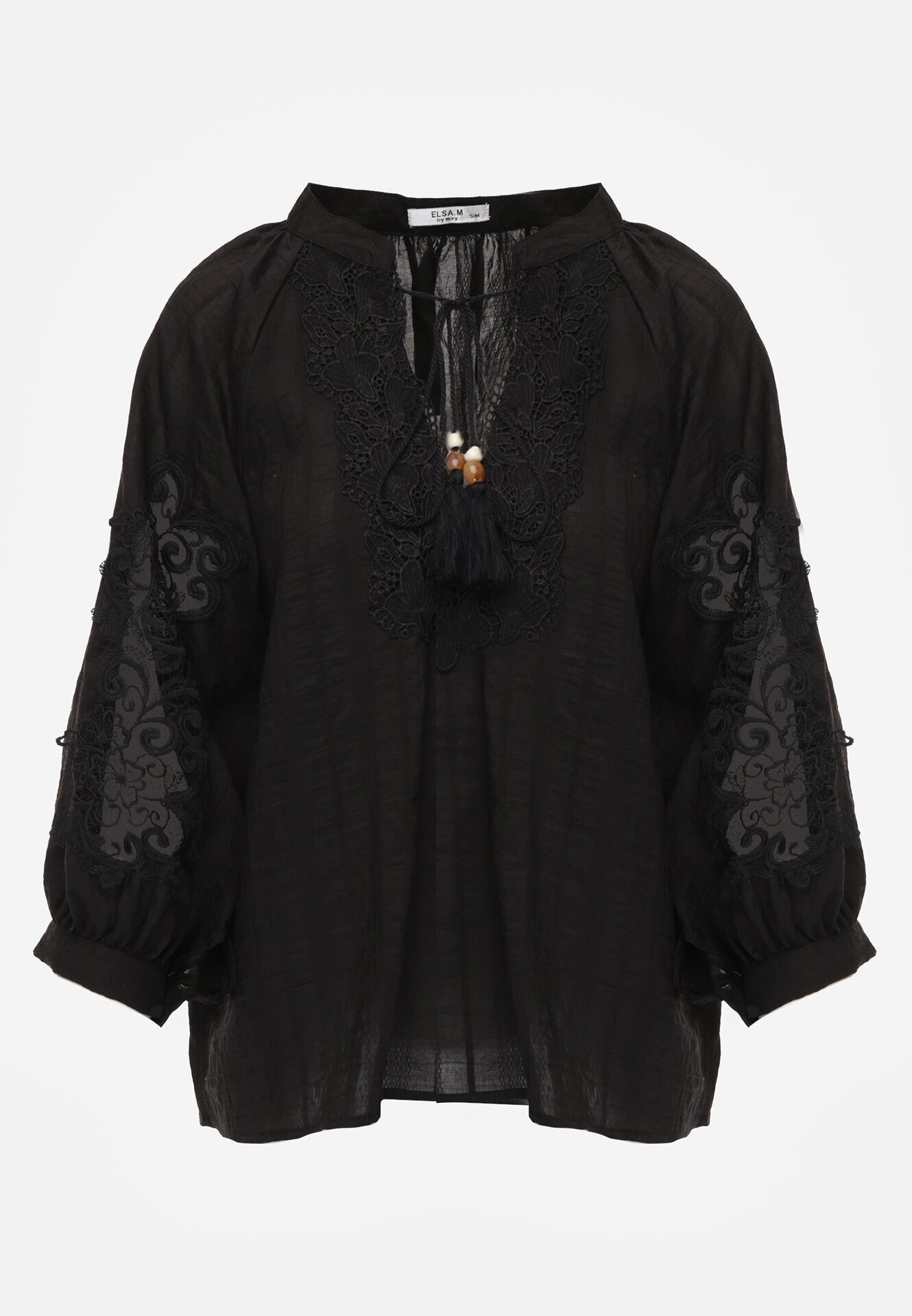 elsa.m by may Bluză Neagră Rustică din Tencel Decorată cu Șiret Dantelă și Mărgele Sachi