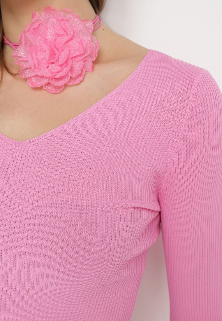 elsa.m by may Bluză Scurtă Fuchsia din Tricot Reiat cu Floare Legată la Gât Invicala
