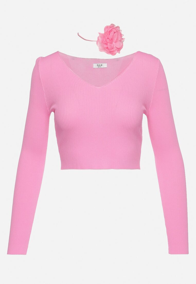 elsa.m by may Bluză Scurtă Fuchsia din Tricot Reiat cu Floare Legată la Gât Invicala