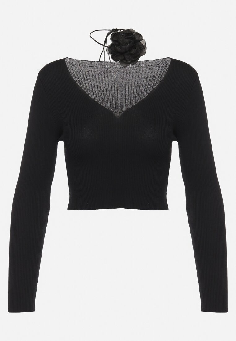 elsa.m by may Bluză Scurtă Neagră din tricot reiat cu floare legată la gât Invicala