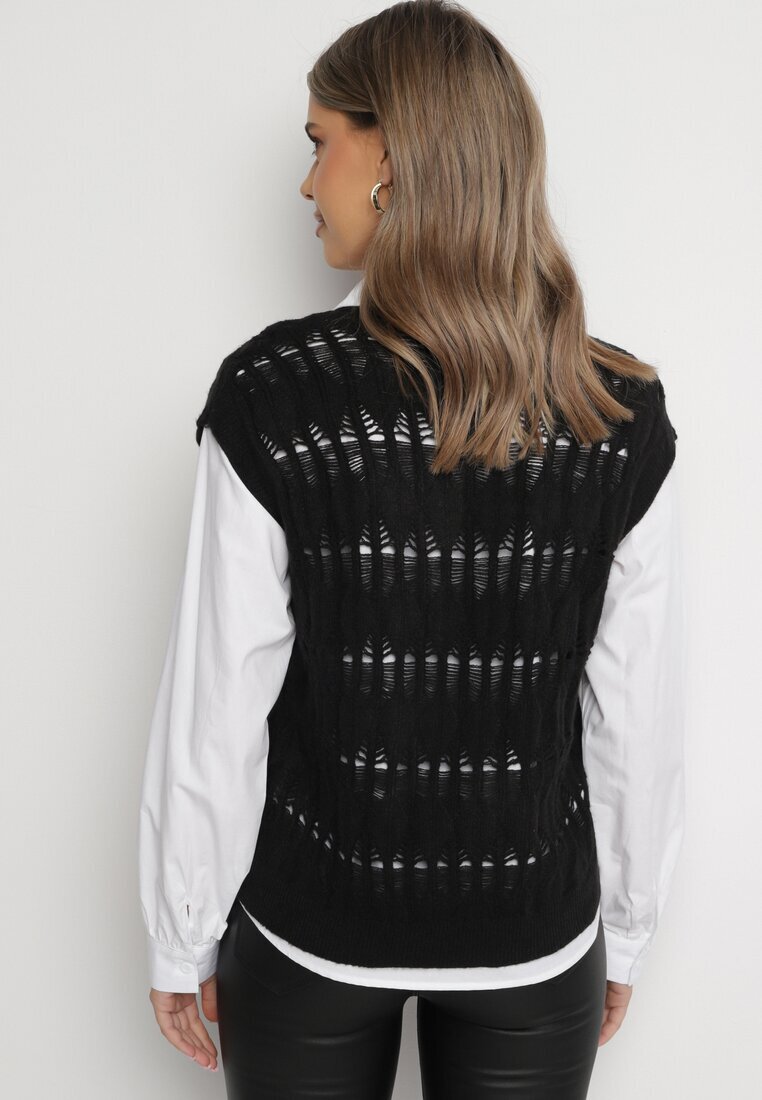 elsa.m by may Cămașă albă cu croi clasic și vestă tricotată neagră Irinellea