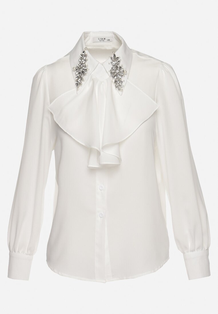 elsa.m by may Cămașă Albă cu Volan și Broșe Decorative cu Zirconii Ophiriel