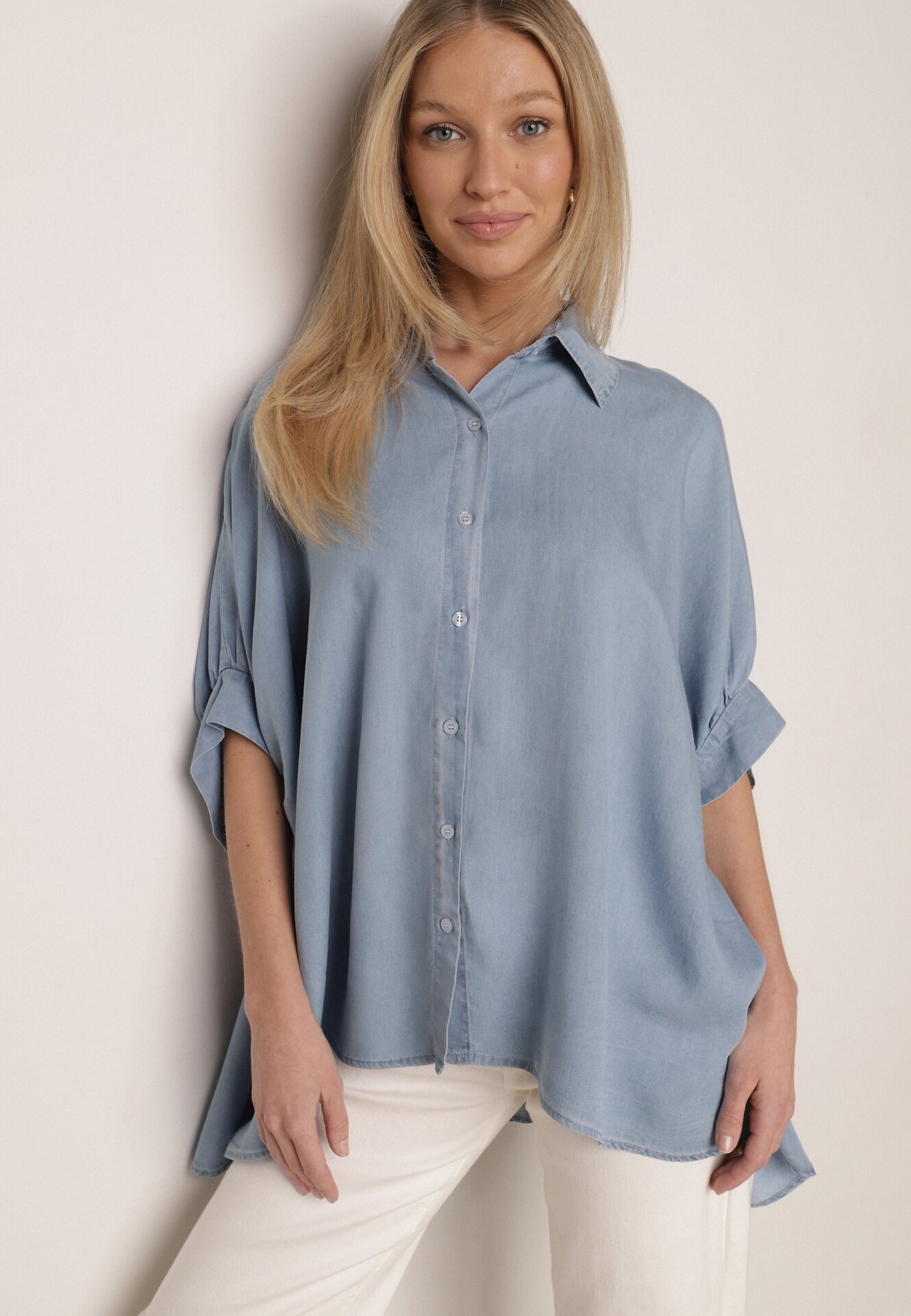 elsa.m by may Cămașă albastră deschisă tip liliac oversize din viscoză cu mâneci 3/4 Mathei