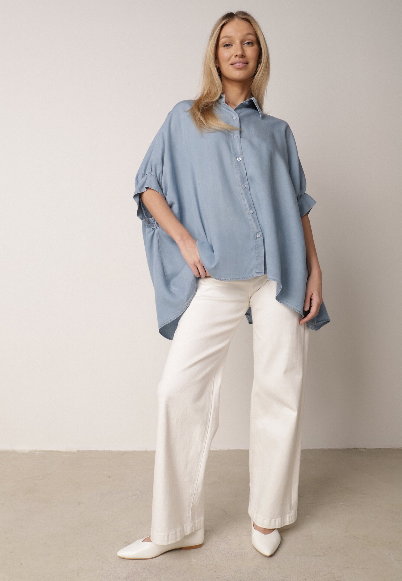elsa.m by may Cămașă albastră deschisă tip liliac oversize din viscoză cu mâneci 3/4 Mathei