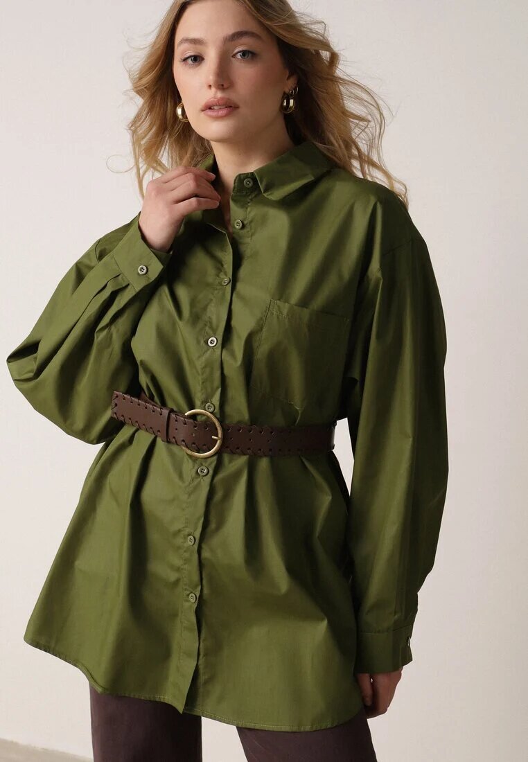 elsa.m by may Cămașă Lungă Verde Oversize din Bumbac și Viscoză cu Cordon cu Cataramă Thessalonike