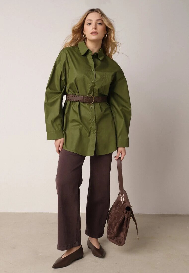 elsa.m by may Cămașă Lungă Verde Oversize din Bumbac și Viscoză cu Cordon cu Cataramă Thessalonike