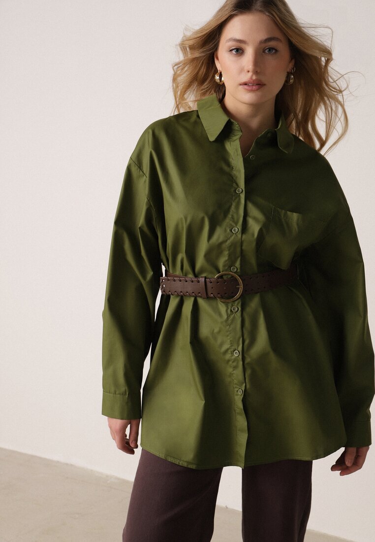 elsa.m by may Cămașă Lungă Verde Oversize din Bumbac și Viscoză cu Cordon cu Cataramă Thessalonike