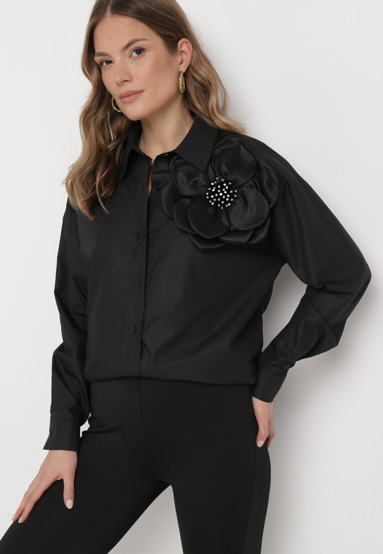 elsa.m by may Cămașă Neagră Netedă cu nasturi cu floare decorativă Wenia