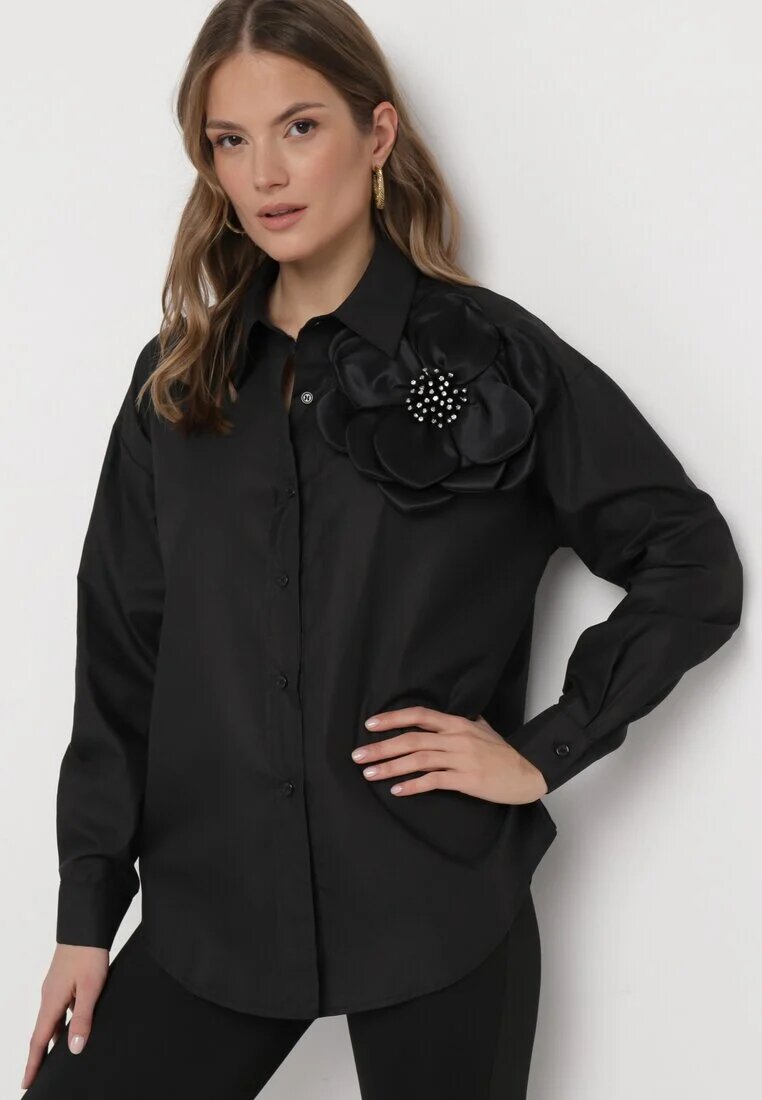 elsa.m by may Cămașă Neagră Netedă cu nasturi cu floare decorativă Wenia