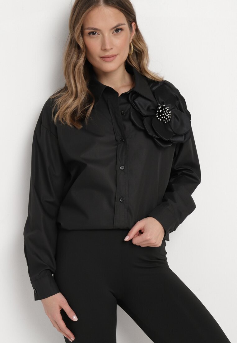 elsa.m by may Cămașă Neagră Netedă cu nasturi cu floare decorativă Wenia