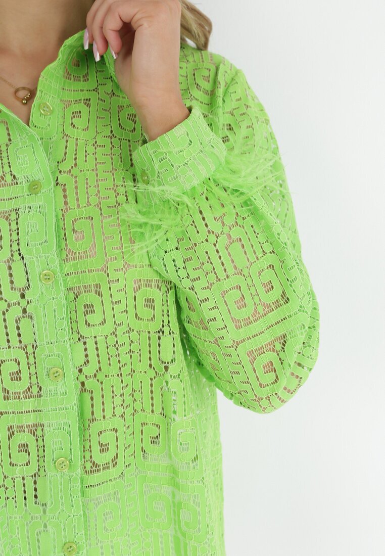 elsa.m by may Cămașă Verde de Dantelă cu Pene la Mâneci Coile