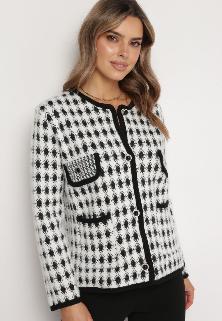 elsa.m by may Cardigan alb din Viscoză cu Imprimeu Pepit cu Nasturi Decorativi Lasietta
