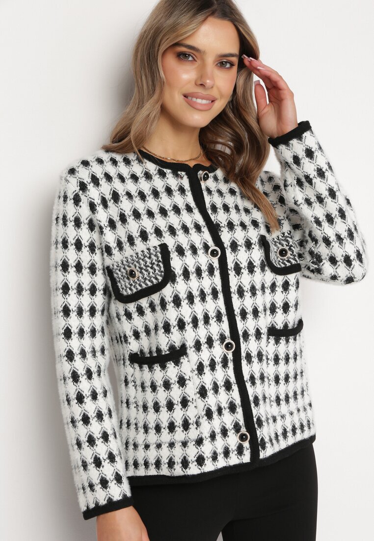 elsa.m by may Cardigan alb din Viscoză cu Imprimeu Pepit cu Nasturi Decorativi Lasietta