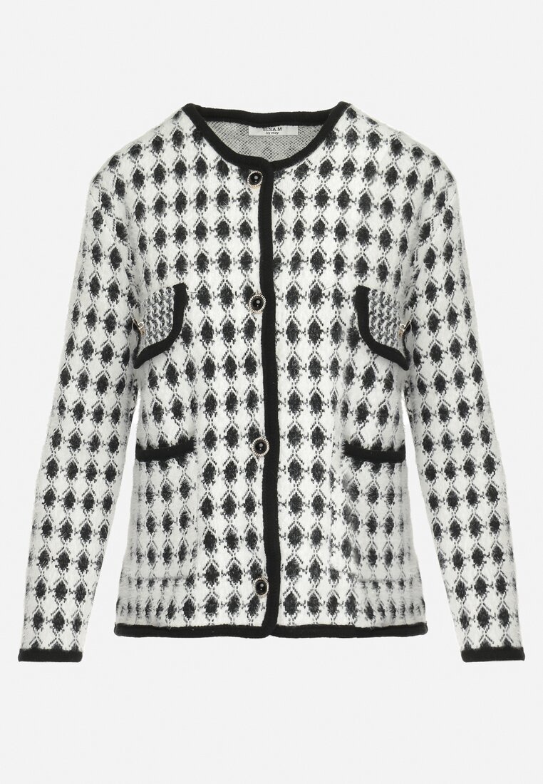 elsa.m by may Cardigan alb din Viscoză cu Imprimeu Pepit cu Nasturi Decorativi Lasietta