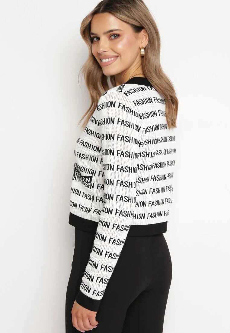 elsa.m by may Cardigan Alb-Negru Încheiat cu Nasturi Decorat cu Inscripții Raeliana