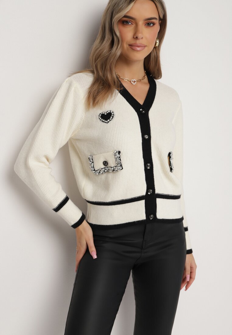 elsa.m by may Cardigan Bej deschis din Viscoză cu Aplicație Inimă și Buzunare cu Perle Aradhya