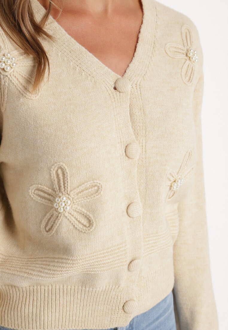 elsa.m by may Cardigan Bej din viscoză Decorat cu aplicații în formă de flori cu perle Gemilena