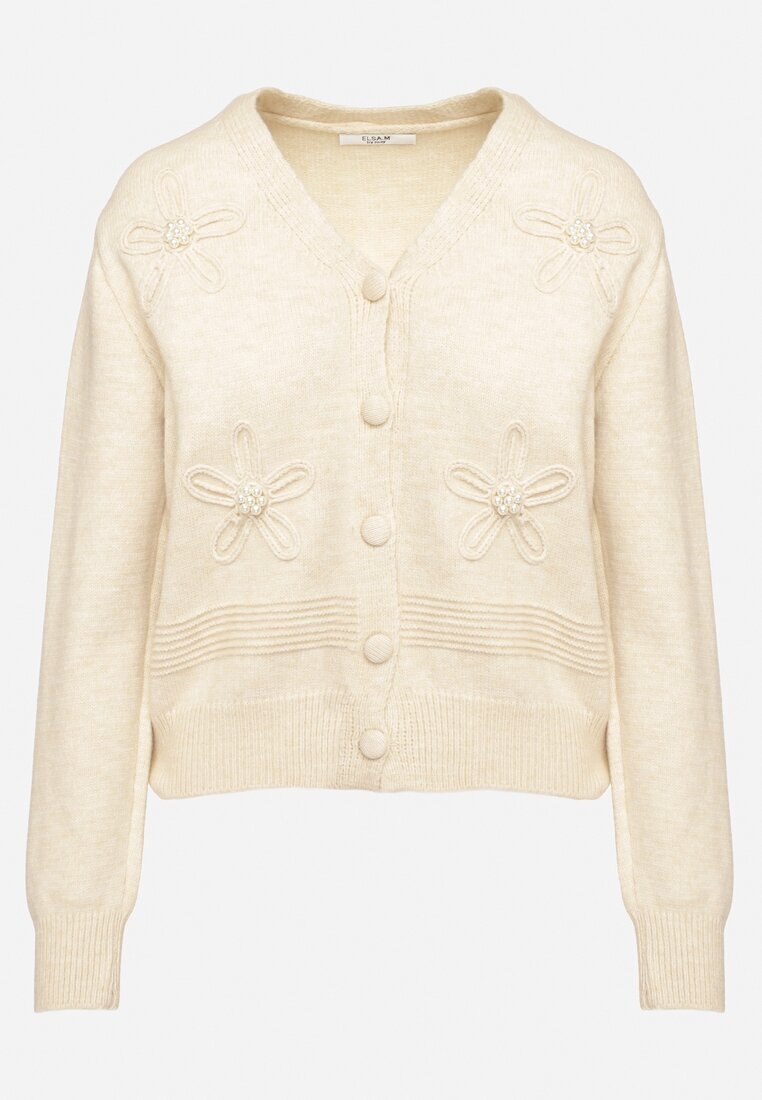 elsa.m by may Cardigan Bej din viscoză Decorat cu aplicații în formă de flori cu perle Gemilena
