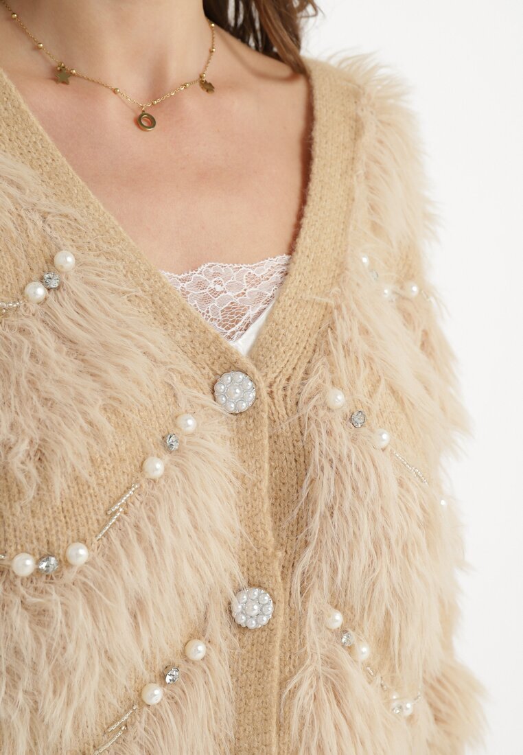 elsa.m by may Cardigan Bej Pufos cu Circonii și Perle Alarena