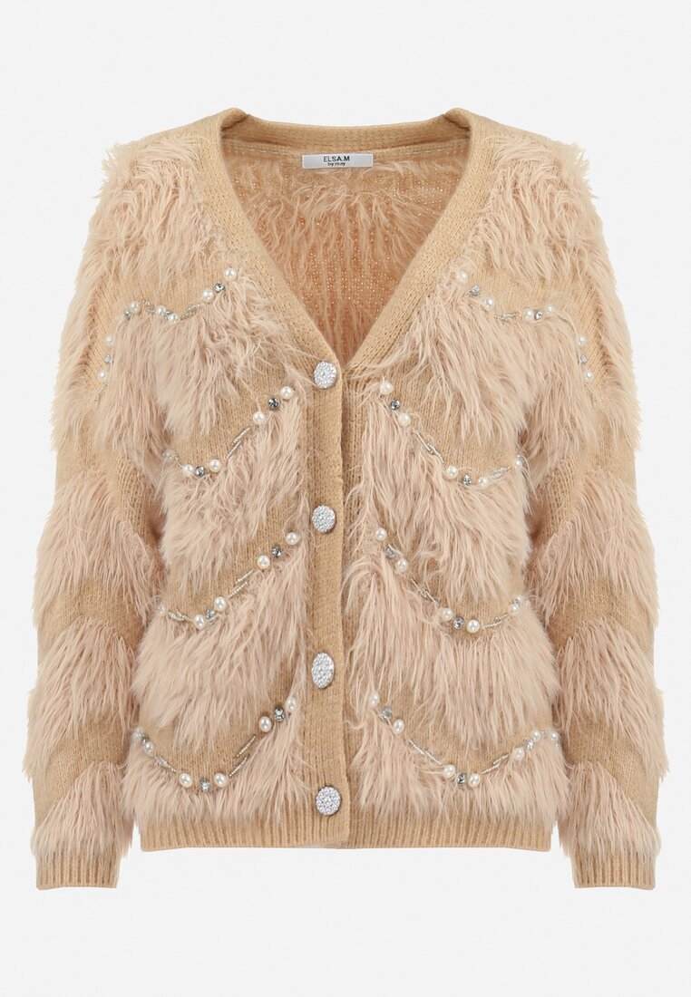elsa.m by may Cardigan Bej Pufos cu Circonii și Perle Alarena