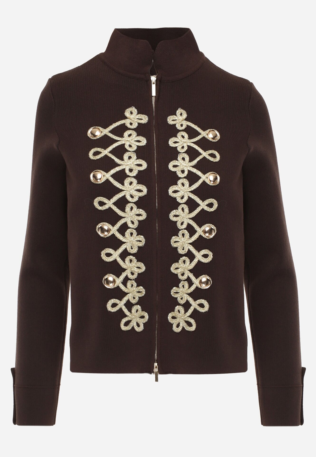 elsa.m by may Cardigan din vâscoză cu fermoar cu guler tip tunică și aplicație în stil napoleonic Elegancia Maro