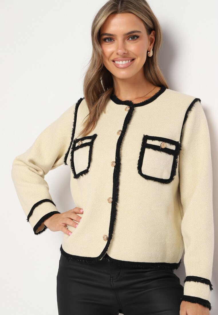 elsa.m by may Cardigan Elegant Bej deschis cu nasturi Decorat cu paspoal și nituri Irilanea