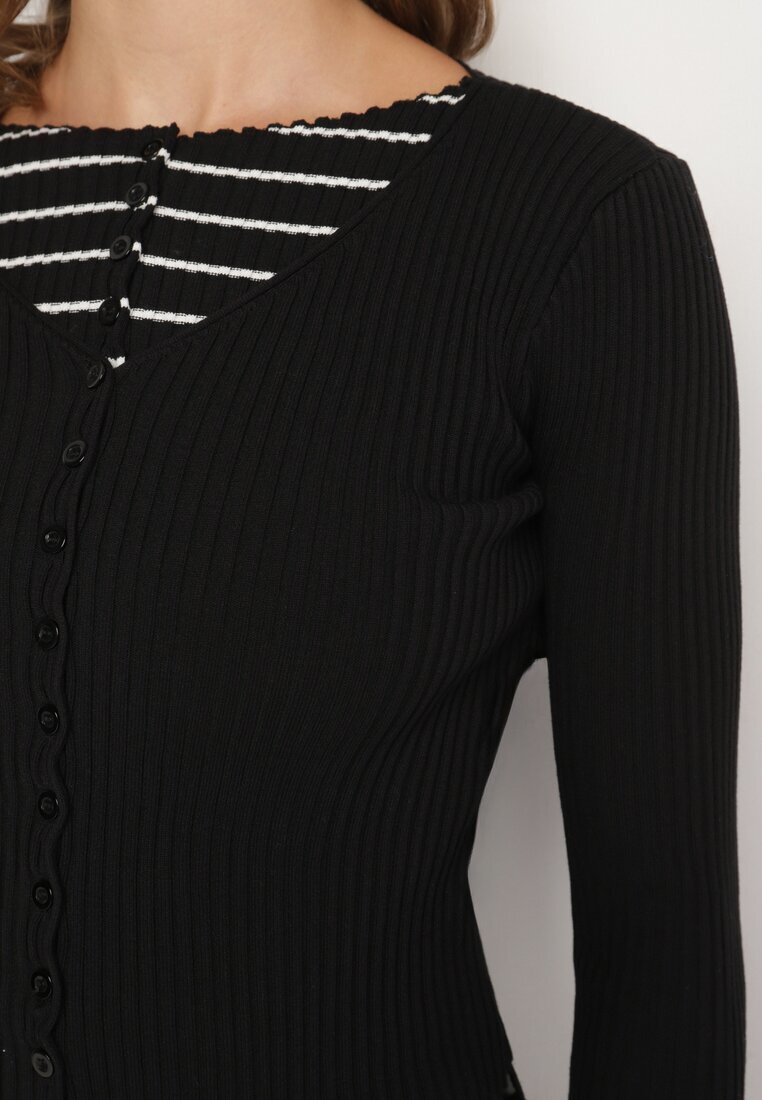 elsa.m by may Cardigan Negru cu Vâscoză cu Nasturi din Material Reiat Pinnasia