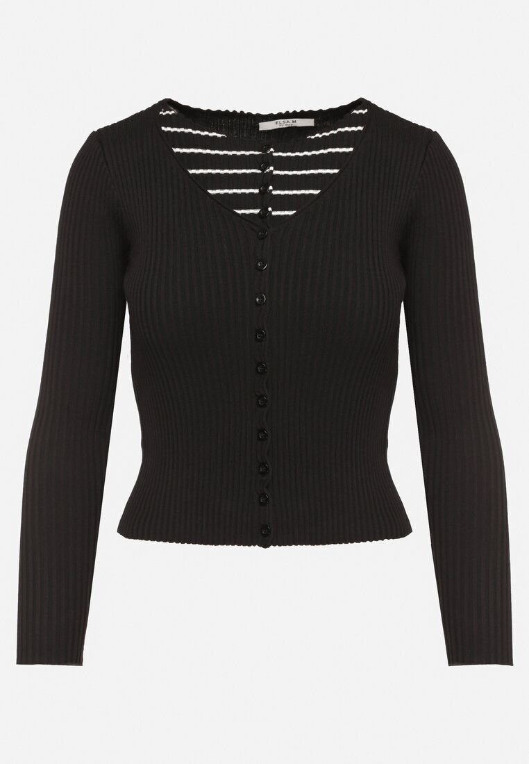 elsa.m by may Cardigan Negru cu Vâscoză cu Nasturi din Material Reiat Pinnasia