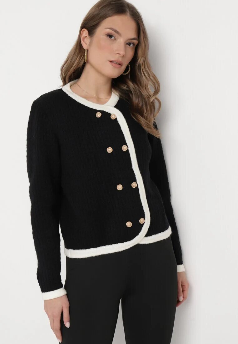 elsa.m by may Cardigan Negru din Vâscoză cu Butoane Decorative și Borduri Arinol