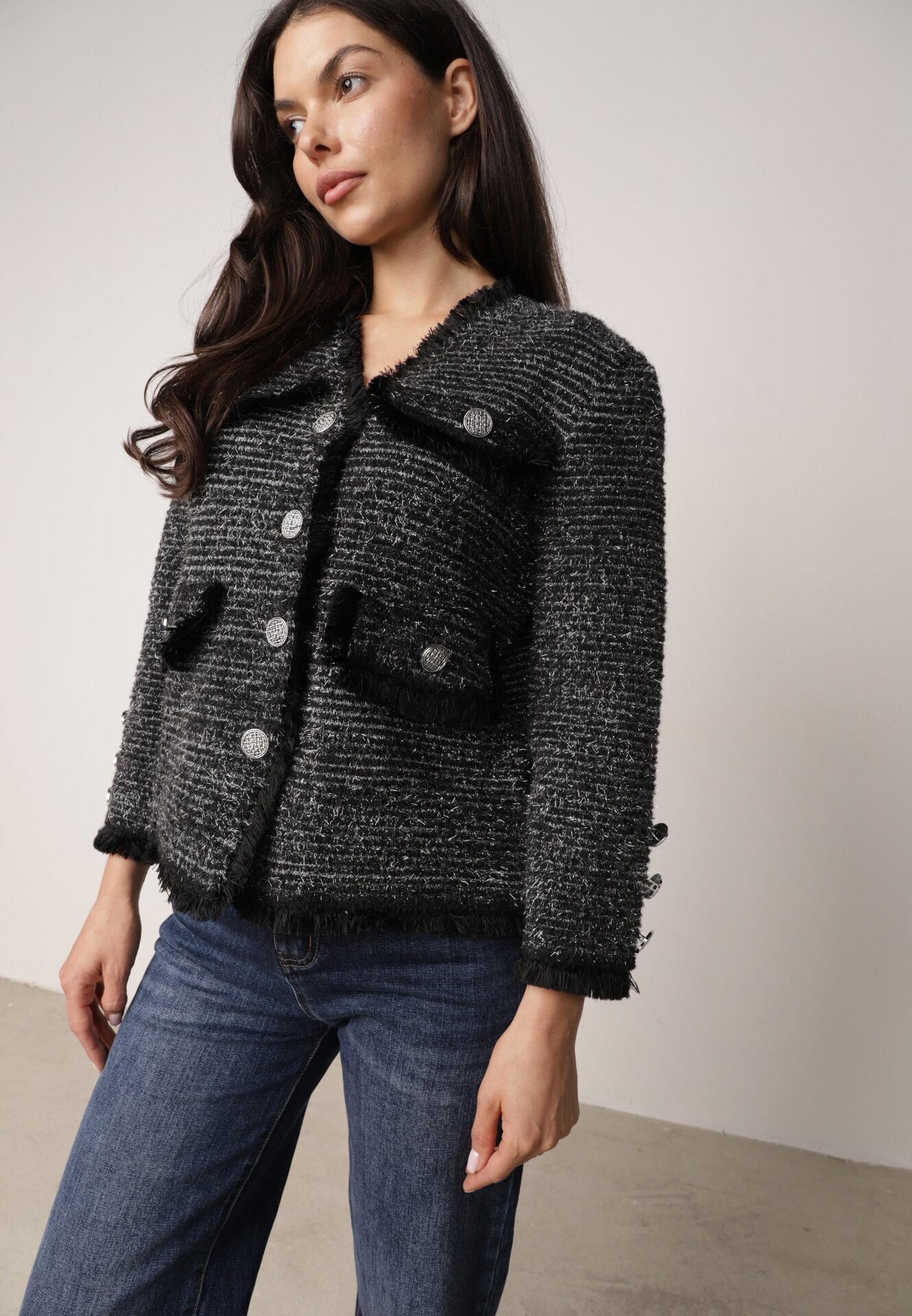 elsa.m by may Cardigan Negru din Viscoză cu nasturi bijuterii cu buzunare decorative și fir metalic Nisale