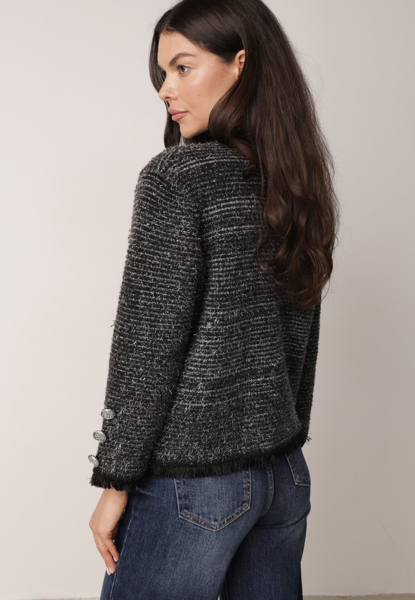 elsa.m by may Cardigan Negru din Viscoză cu nasturi bijuterii cu buzunare decorative și fir metalic Nisale