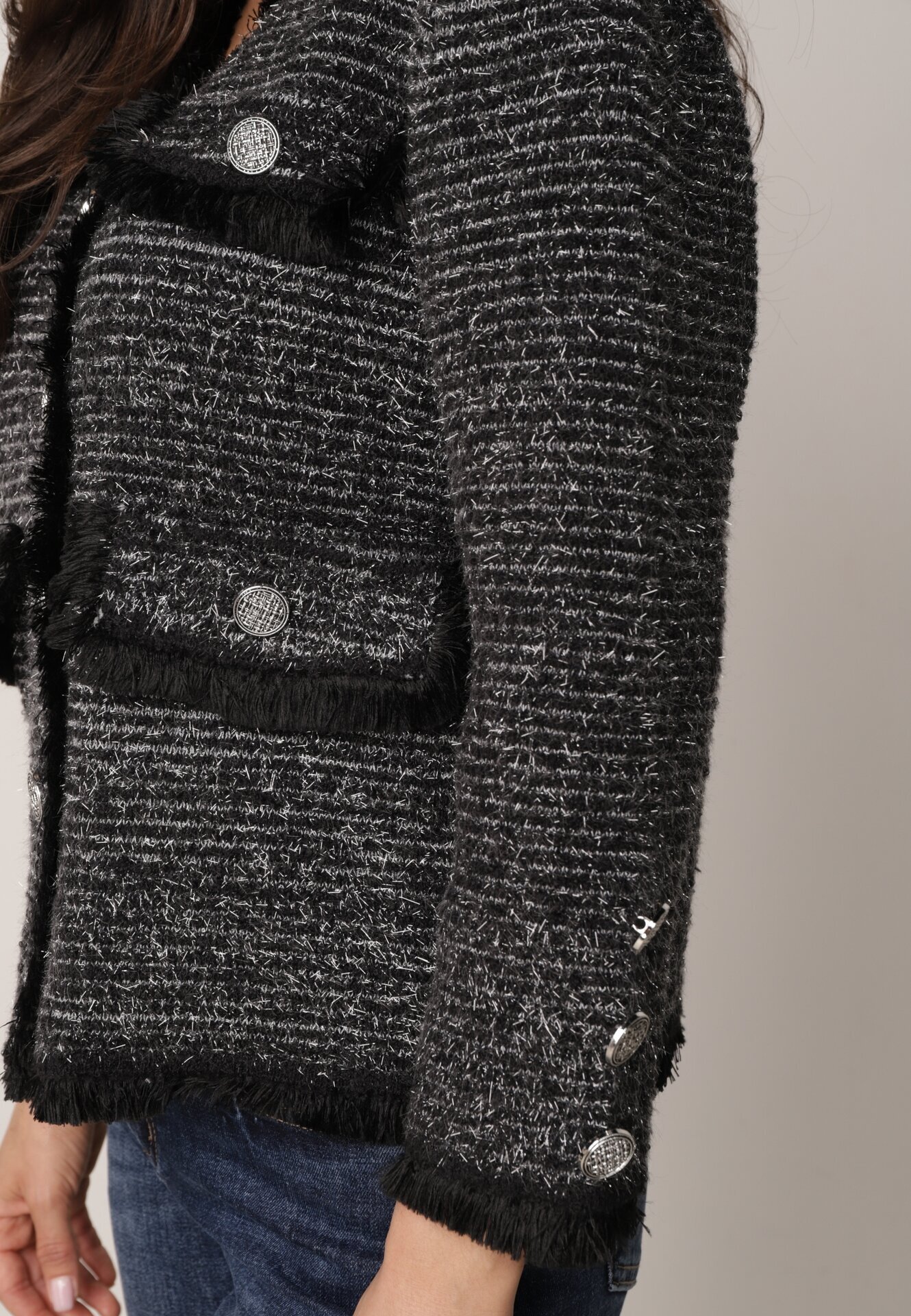 elsa.m by may Cardigan Negru din Viscoză cu nasturi bijuterii cu buzunare decorative și fir metalic Nisale
