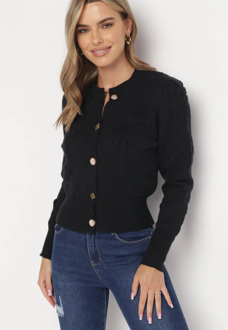elsa.m by may Cardigan Negru din Viscoză Cu nasturi decorativi cu nervuri Zoekia