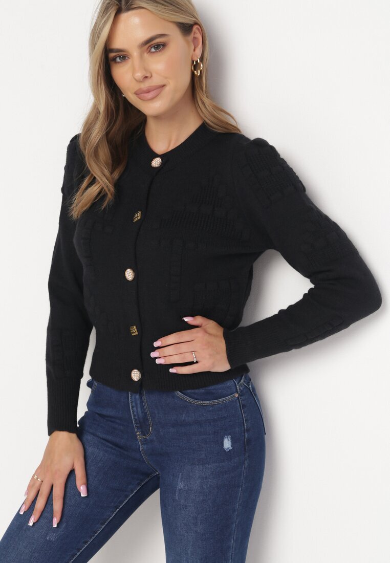 elsa.m by may Cardigan Negru din Viscoză Cu nasturi decorativi cu nervuri Zoekia